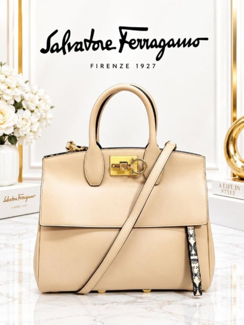 Authentic Salvatore Ferragamo Studio Beige Leather Top Handle Crossbody Bag